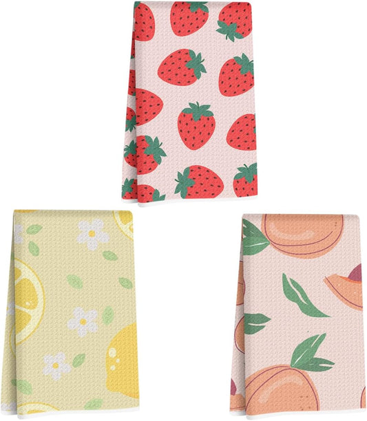 3Pcs Fruits Kitchen Towels 24x14 Inch, Lemon Peach Dish Towels for Kitchen Home Farmhouse Decor, Waffle Weave Microfiber Tea Cloth Hand Towel, Strawberry Gifts for Women Mom Friend Grandma
