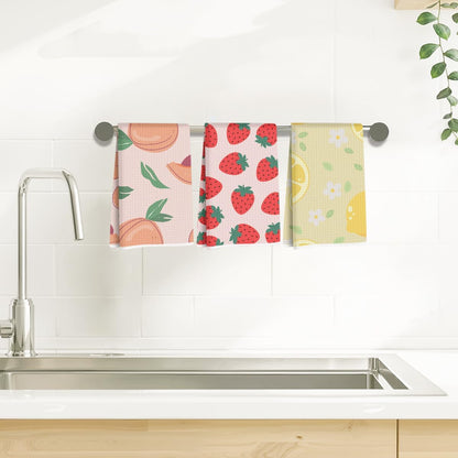 3Pcs Fruits Kitchen Towels 24x14 Inch, Lemon Peach Dish Towels for Kitchen Home Farmhouse Decor, Waffle Weave Microfiber Tea Cloth Hand Towel, Strawberry Gifts for Women Mom Friend Grandma