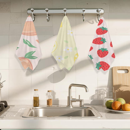 3Pcs Fruits Kitchen Towels 24x14 Inch, Lemon Peach Dish Towels for Kitchen Home Farmhouse Decor, Waffle Weave Microfiber Tea Cloth Hand Towel, Strawberry Gifts for Women Mom Friend Grandma