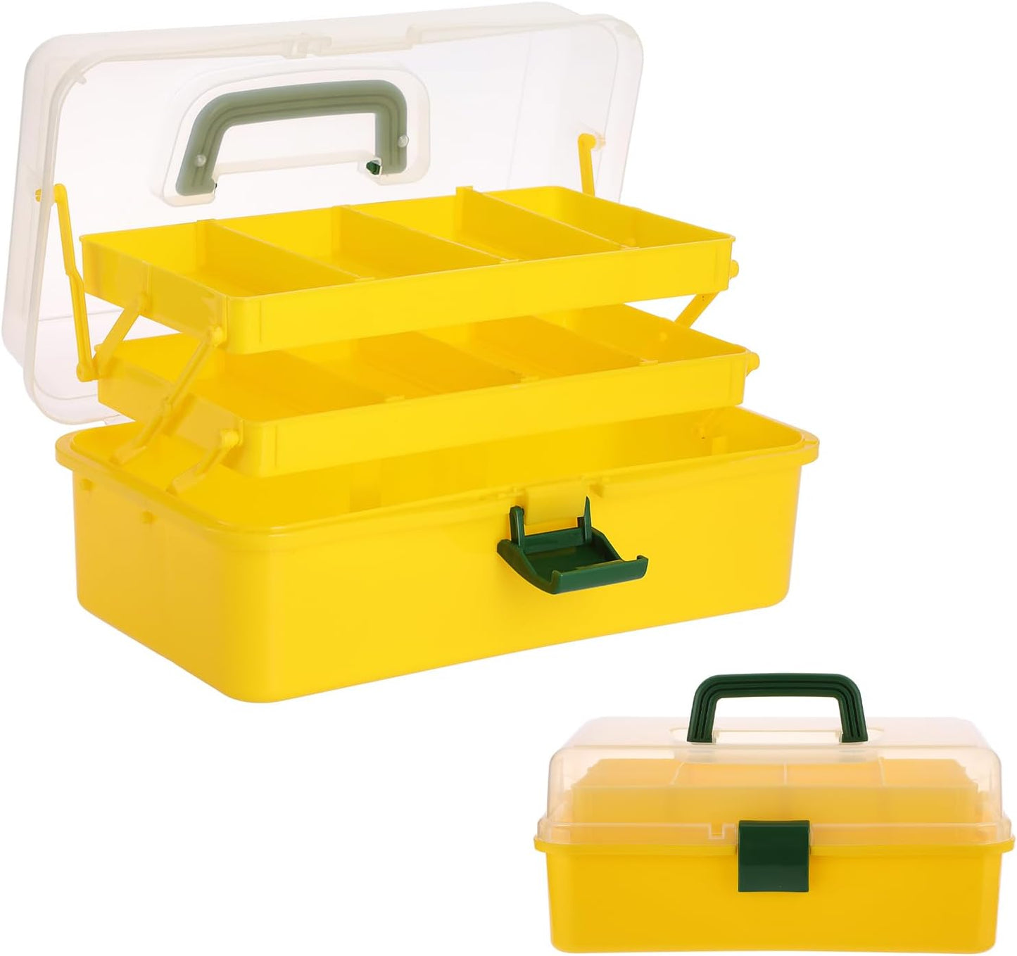 3-Layer Plastic Dividing Storage Box Craft Organizer and Storage | Portable Handled Art Supply Organizer with Adjustable Spacers Multipurpose Home Utility Box for Medicine Sewing(Yellow+Green)
