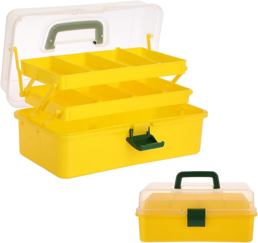 3-Layer Plastic Dividing Storage Box Craft Organizer and Storage | Portable Handled Art Supply Organizer with Adjustable Spacers Multipurpose Home Utility Box for Medicine Sewing(Yellow+Green)