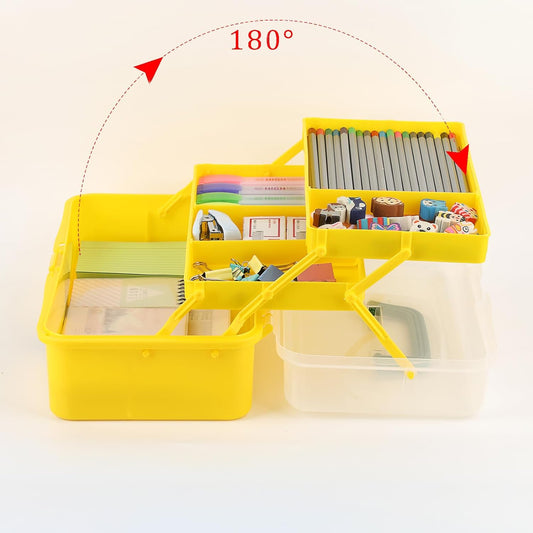 3-Layer Plastic Dividing Storage Box Craft Organizer and Storage | Portable Handled Art Supply Organizer with Adjustable Spacers Multipurpose Home Utility Box for Medicine Sewing(Yellow+Green)