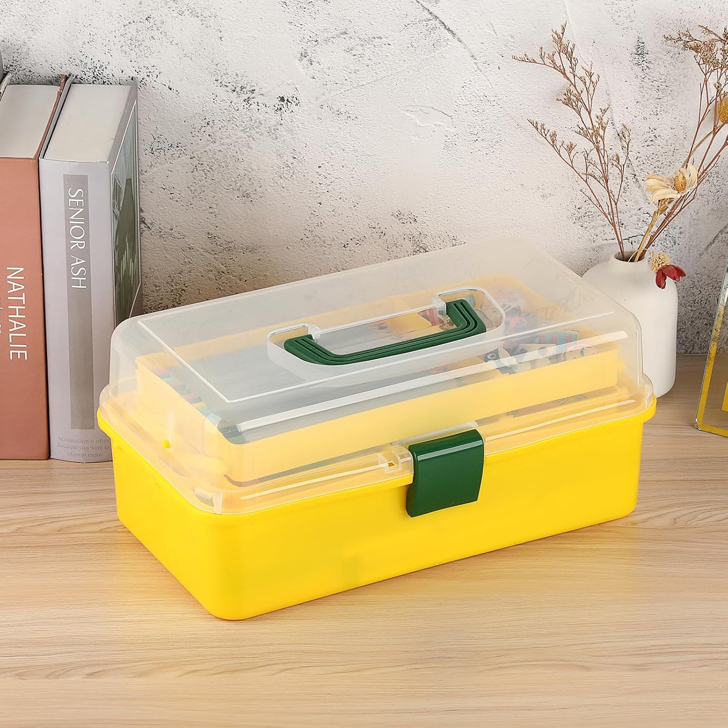 3-Layer Plastic Dividing Storage Box Craft Organizer and Storage | Portable Handled Art Supply Organizer with Adjustable Spacers Multipurpose Home Utility Box for Medicine Sewing(Yellow+Green)