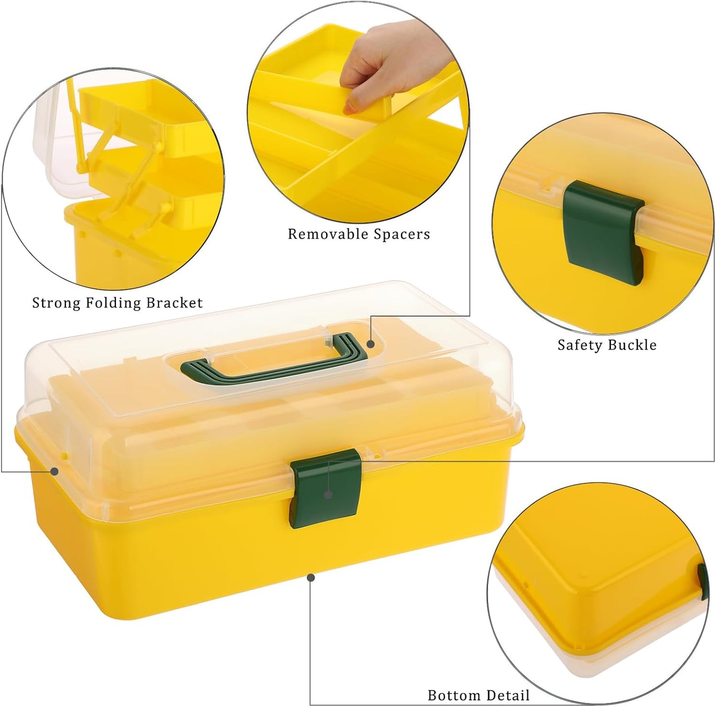 3-Layer Plastic Dividing Storage Box Craft Organizer and Storage | Portable Handled Art Supply Organizer with Adjustable Spacers Multipurpose Home Utility Box for Medicine Sewing(Yellow+Green)