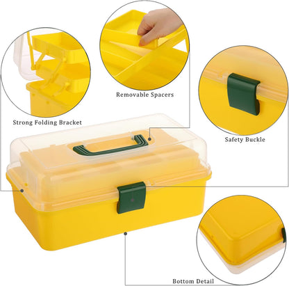 3-Layer Plastic Dividing Storage Box Craft Organizer and Storage | Portable Handled Art Supply Organizer with Adjustable Spacers Multipurpose Home Utility Box for Medicine Sewing(Yellow+Green)