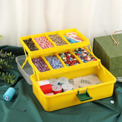 3-Layer Plastic Dividing Storage Box Craft Organizer and Storage | Portable Handled Art Supply Organizer with Adjustable Spacers Multipurpose Home Utility Box for Medicine Sewing(Yellow+Green)
