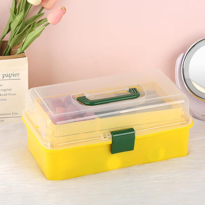 3-Layer Plastic Dividing Storage Box Craft Organizer and Storage | Portable Handled Art Supply Organizer with Adjustable Spacers Multipurpose Home Utility Box for Medicine Sewing(Yellow+Green)
