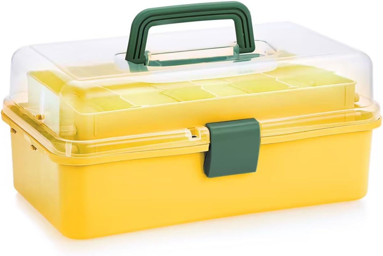 3-Layer Plastic Dividing Storage Box Craft Organizer and Storage | Portable Handled Art Supply Organizer with Adjustable Spacers Multipurpose Home Utility Box for Medicine Sewing(Yellow+Green)