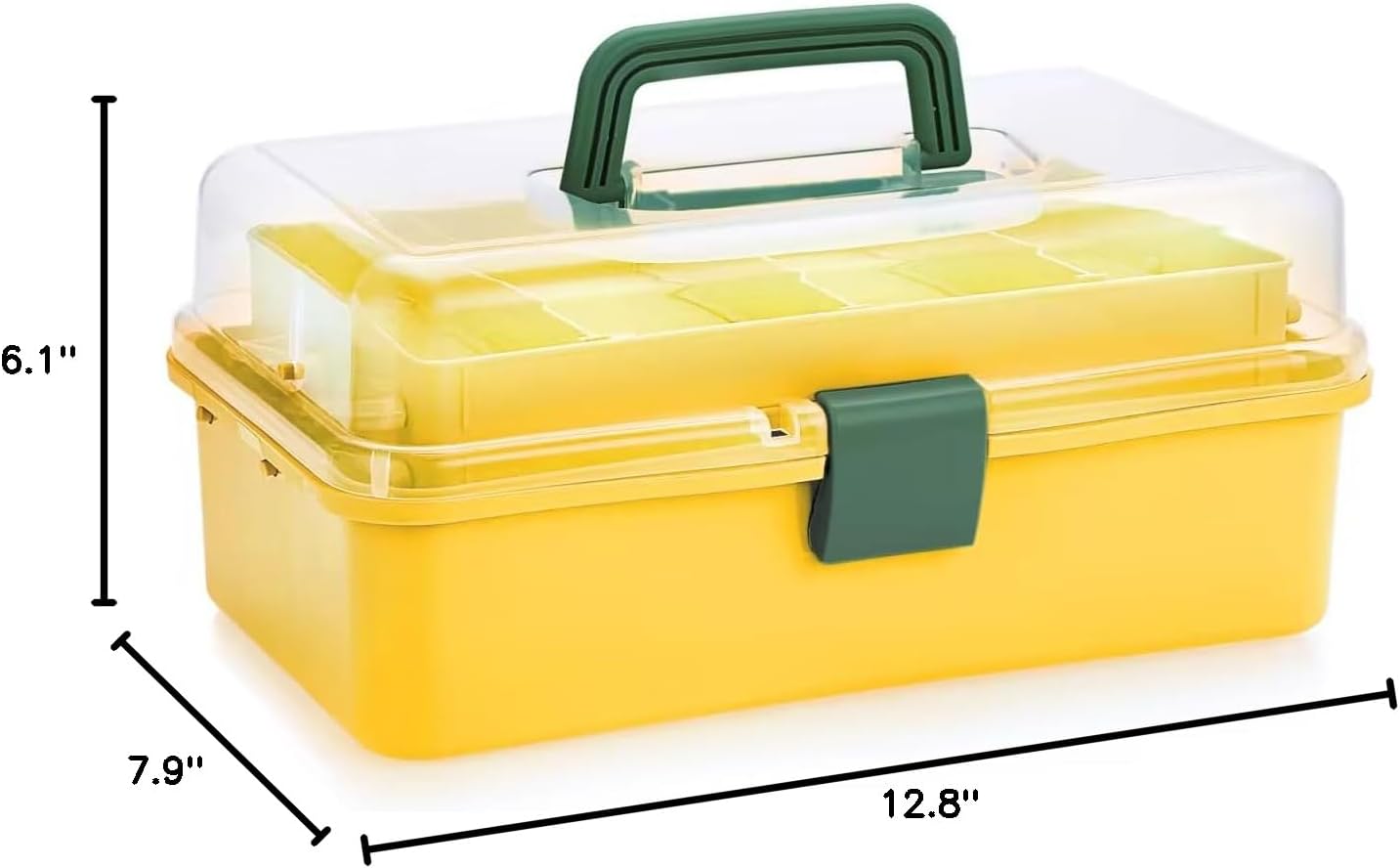 3-Layer Plastic Dividing Storage Box Craft Organizer and Storage | Portable Handled Art Supply Organizer with Adjustable Spacers Multipurpose Home Utility Box for Medicine Sewing(Yellow+Green)