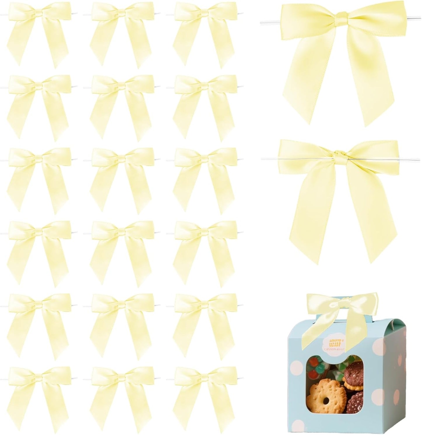 Yellow Twist Tie Bow for Wrapping Gift 3.5" Premade Satin Ribbon Bow Decorations for Crafts Treat Bag Wedding Bridal Shower Christmas Tree Party Favors Decor Accessories - 30 Counts