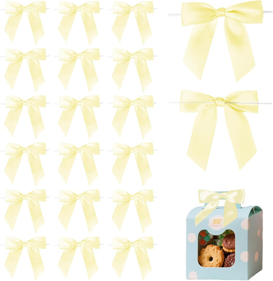 Yellow Twist Tie Bow for Wrapping Gift 3.5" Premade Satin Ribbon Bow Decorations for Crafts Treat Bag Wedding Bridal Shower Christmas Tree Party Favors Decor Accessories - 30 Counts