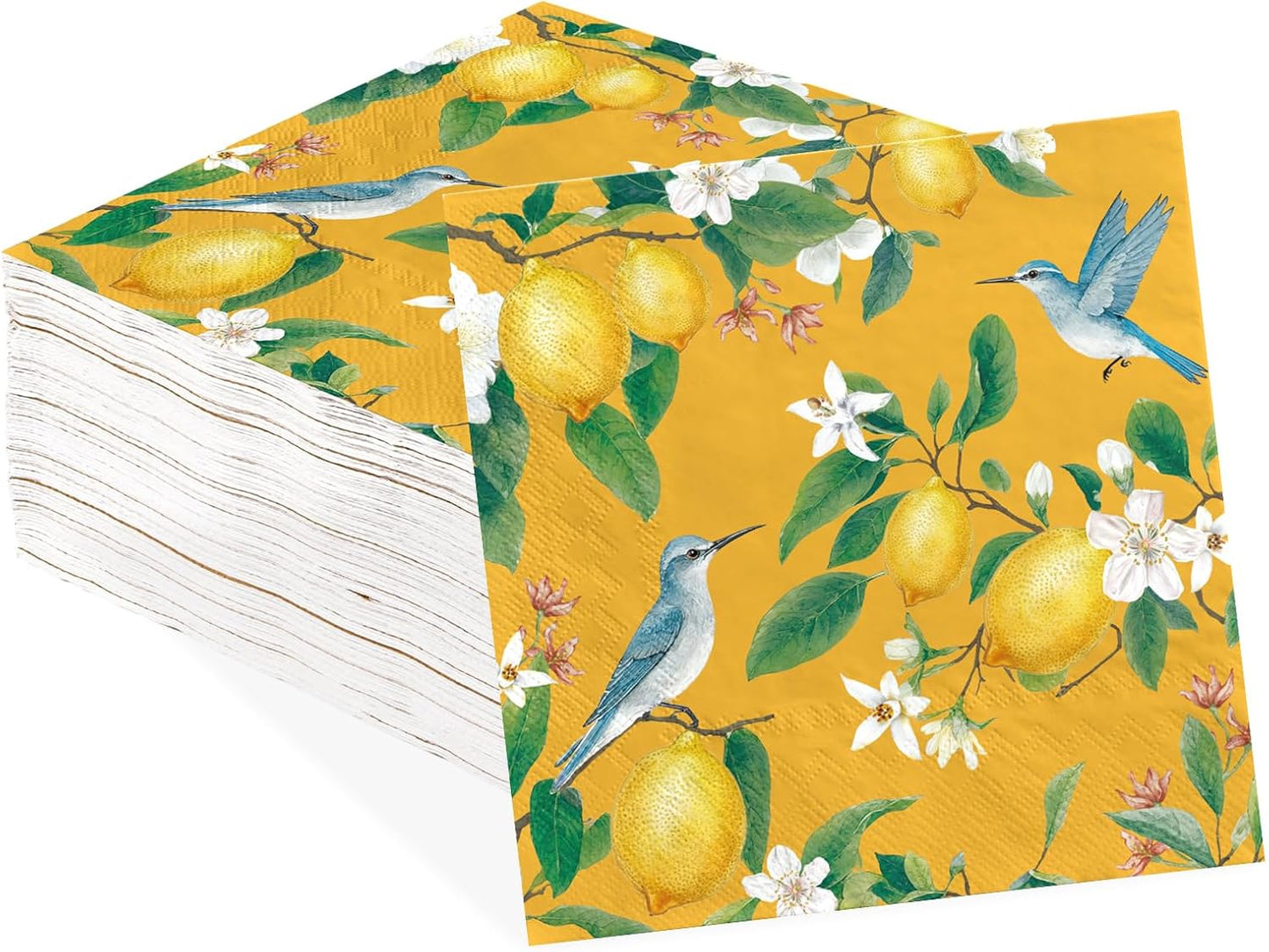 100Pcs Lemon Paper Napkins 6.5 x 6.5 inch 3Ply Vintage Bird on Lemon Tree Dinner Napkins Disposable Absorbent Citrus Fruit Luncheon Napkin for Summer Tea Party Supplies