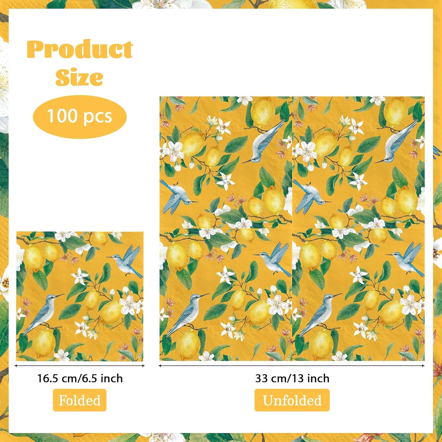 100Pcs Lemon Paper Napkins 6.5 x 6.5 inch 3Ply Vintage Bird on Lemon Tree Dinner Napkins Disposable Absorbent Citrus Fruit Luncheon Napkin for Summer Tea Party Supplies
