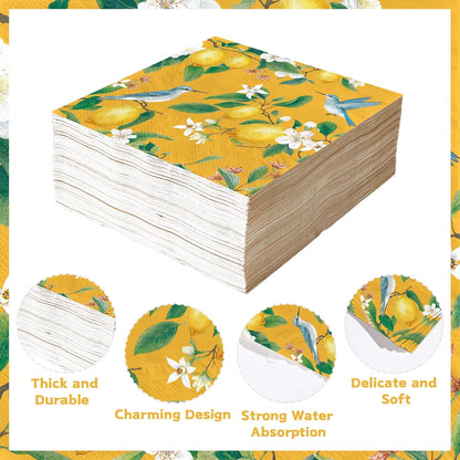 100Pcs Lemon Paper Napkins 6.5 x 6.5 inch 3Ply Vintage Bird on Lemon Tree Dinner Napkins Disposable Absorbent Citrus Fruit Luncheon Napkin for Summer Tea Party Supplies