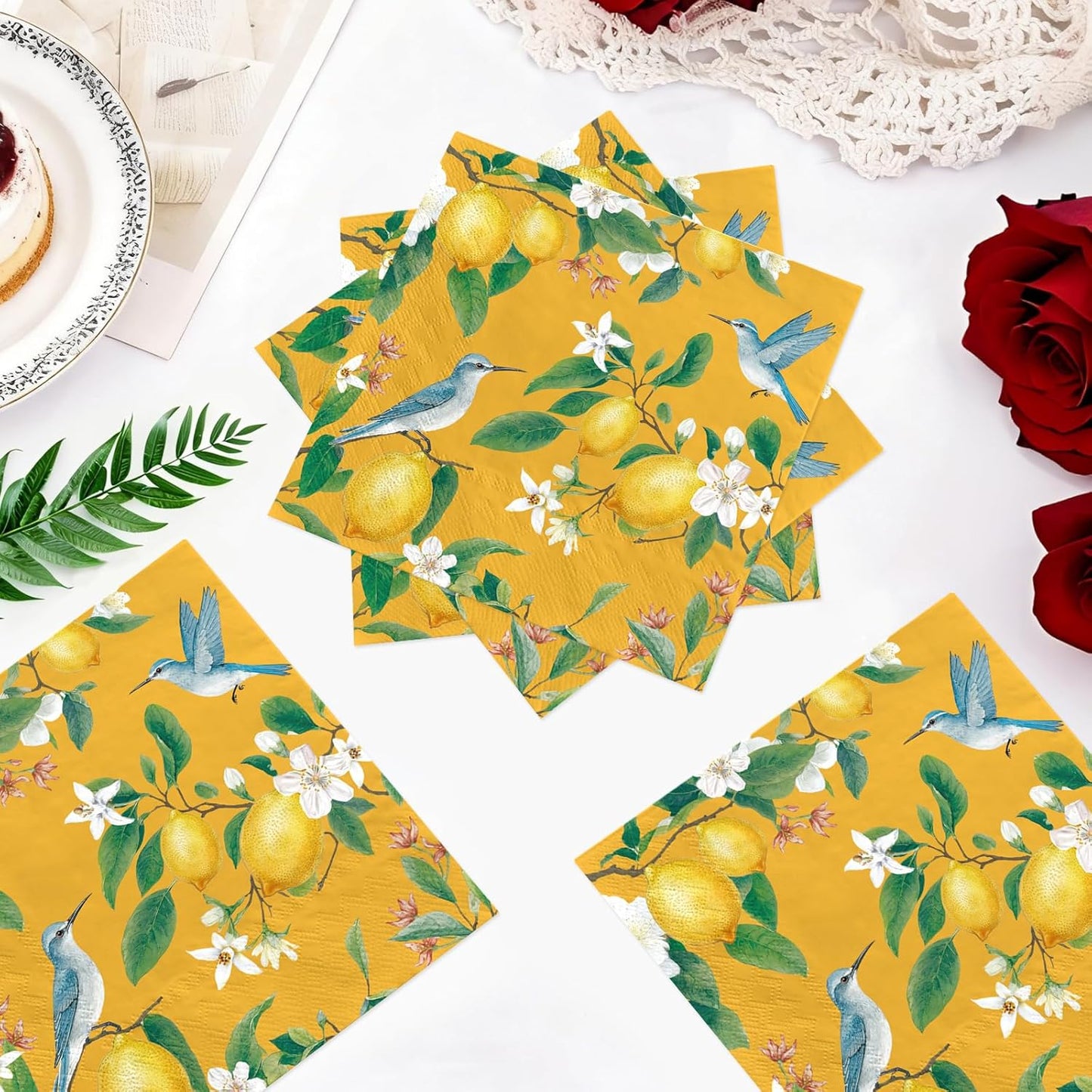 100Pcs Lemon Paper Napkins 6.5 x 6.5 inch 3Ply Vintage Bird on Lemon Tree Dinner Napkins Disposable Absorbent Citrus Fruit Luncheon Napkin for Summer Tea Party Supplies