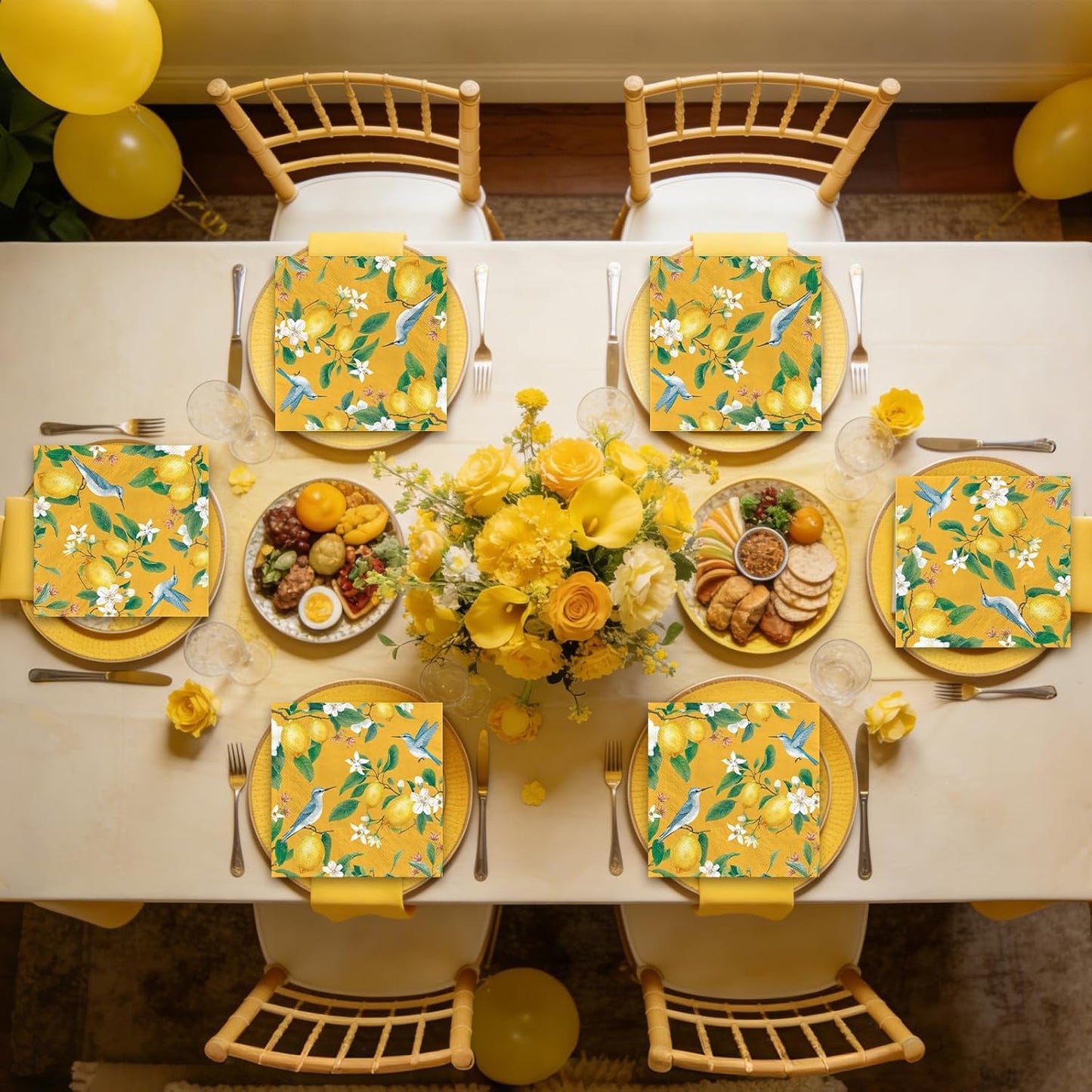 100Pcs Lemon Paper Napkins 6.5 x 6.5 inch 3Ply Vintage Bird on Lemon Tree Dinner Napkins Disposable Absorbent Citrus Fruit Luncheon Napkin for Summer Tea Party Supplies