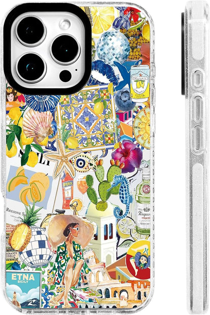 for iPhone 13 mini Case [Military-Grade Drop Protection/Luxurious Soft TPU Protective/Camera Protection/for Women & Girls]-Vibrant Sicilian Mediterranean Collage Art