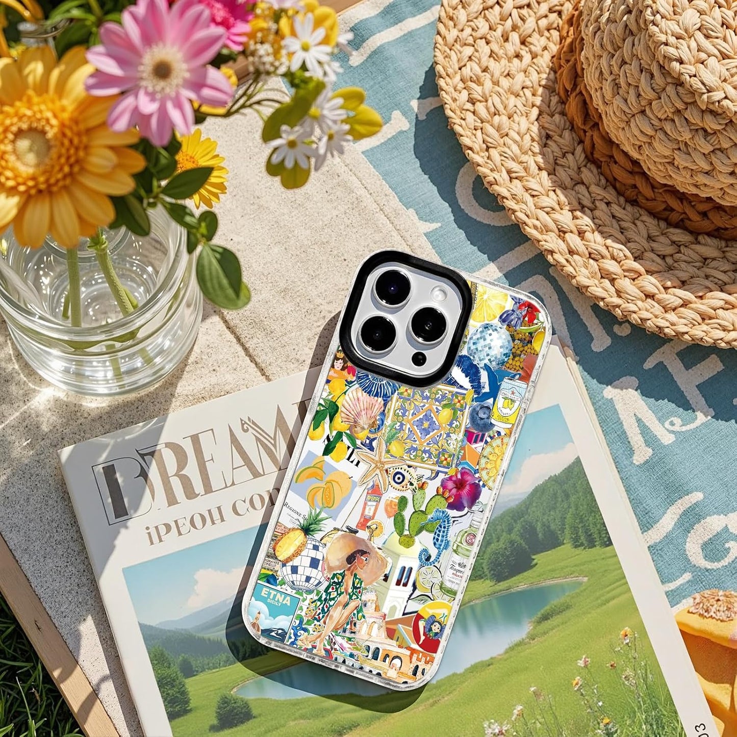 for iPhone 13 mini Case [Military-Grade Drop Protection/Luxurious Soft TPU Protective/Camera Protection/for Women & Girls]-Vibrant Sicilian Mediterranean Collage Art