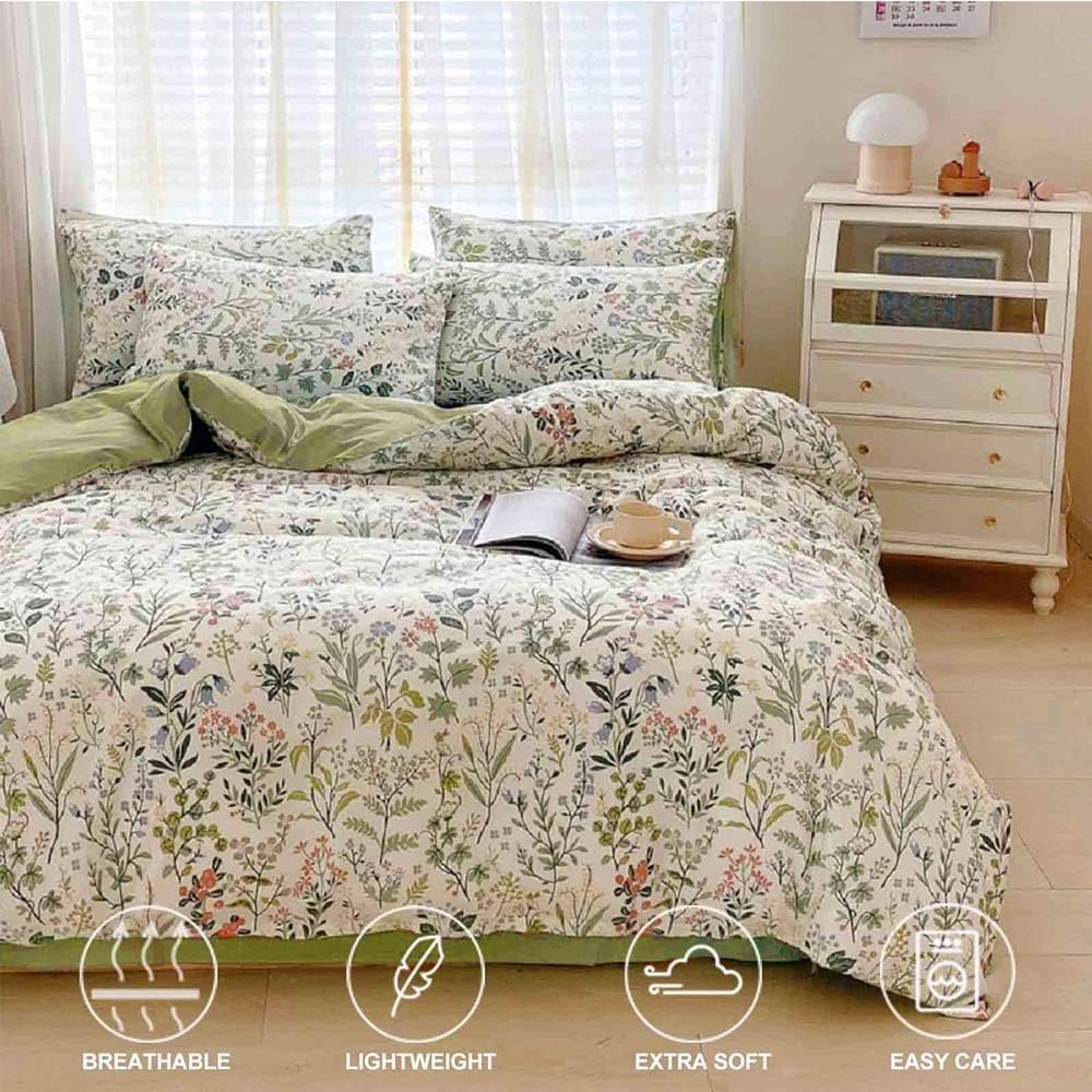 Sage Green Yellow Blue Floral Queen Comforter Set 90x90 3 Pcs | Botanical Pattern