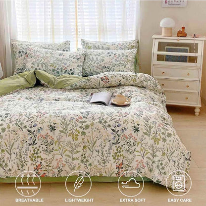 Sage Green Yellow Blue Floral Queen Comforter Set 90x90 3 Pcs | Botanical Pattern