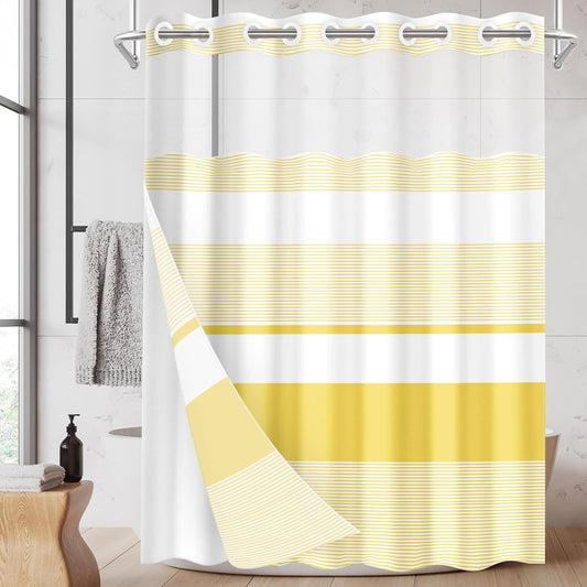 No Hook Yellow Shower Curtain with Snap in Fabric Liner Set, Boho Striped Modern Double Layers Waterproof Fabric with See Through Top Window Open Grommet Bath Curtain 71x74 Inch