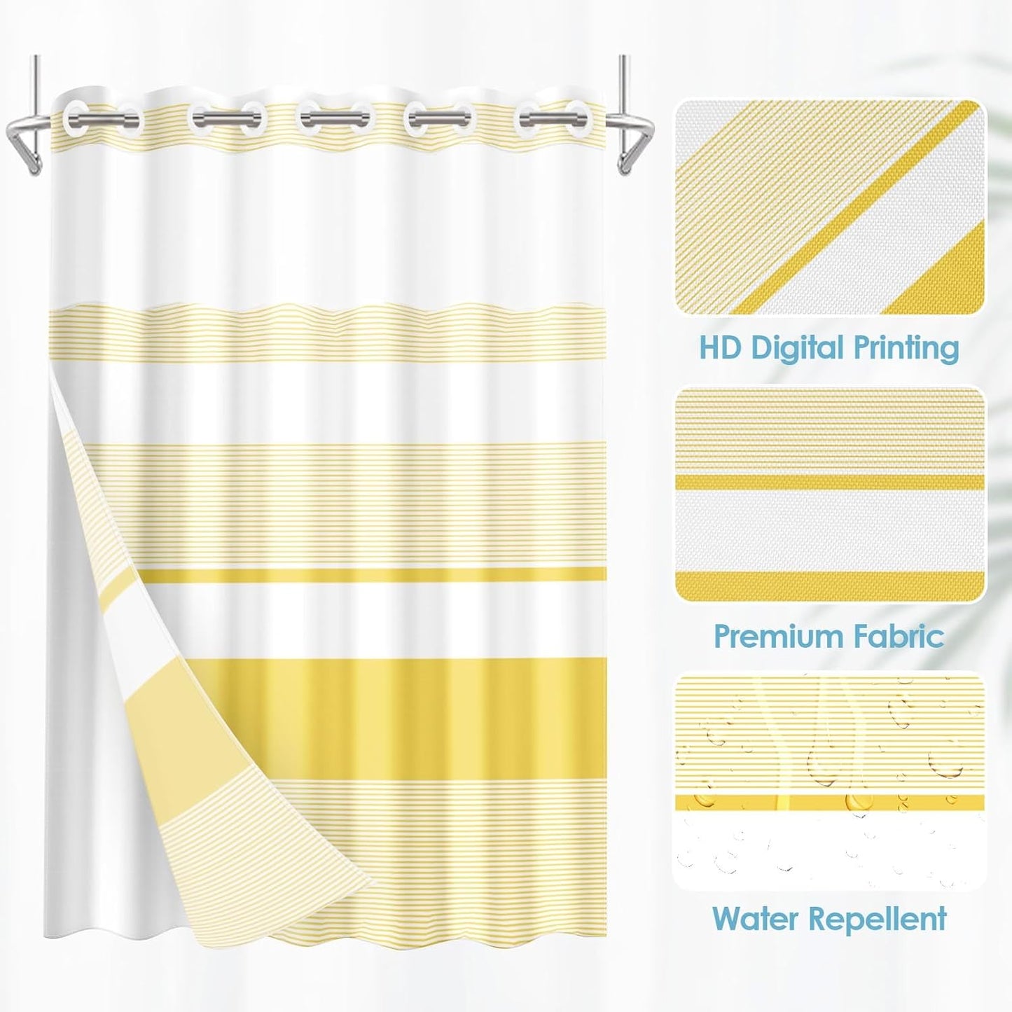 No Hook Yellow Shower Curtain with Snap in Fabric Liner Set, Boho Striped Modern Double Layers Waterproof Fabric with See Through Top Window Open Grommet Bath Curtain 71x74 Inch