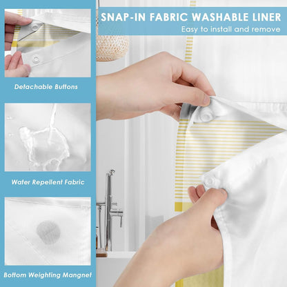 No Hook Yellow Shower Curtain with Snap in Fabric Liner Set, Boho Striped Modern Double Layers Waterproof Fabric with See Through Top Window Open Grommet Bath Curtain 71x74 Inch