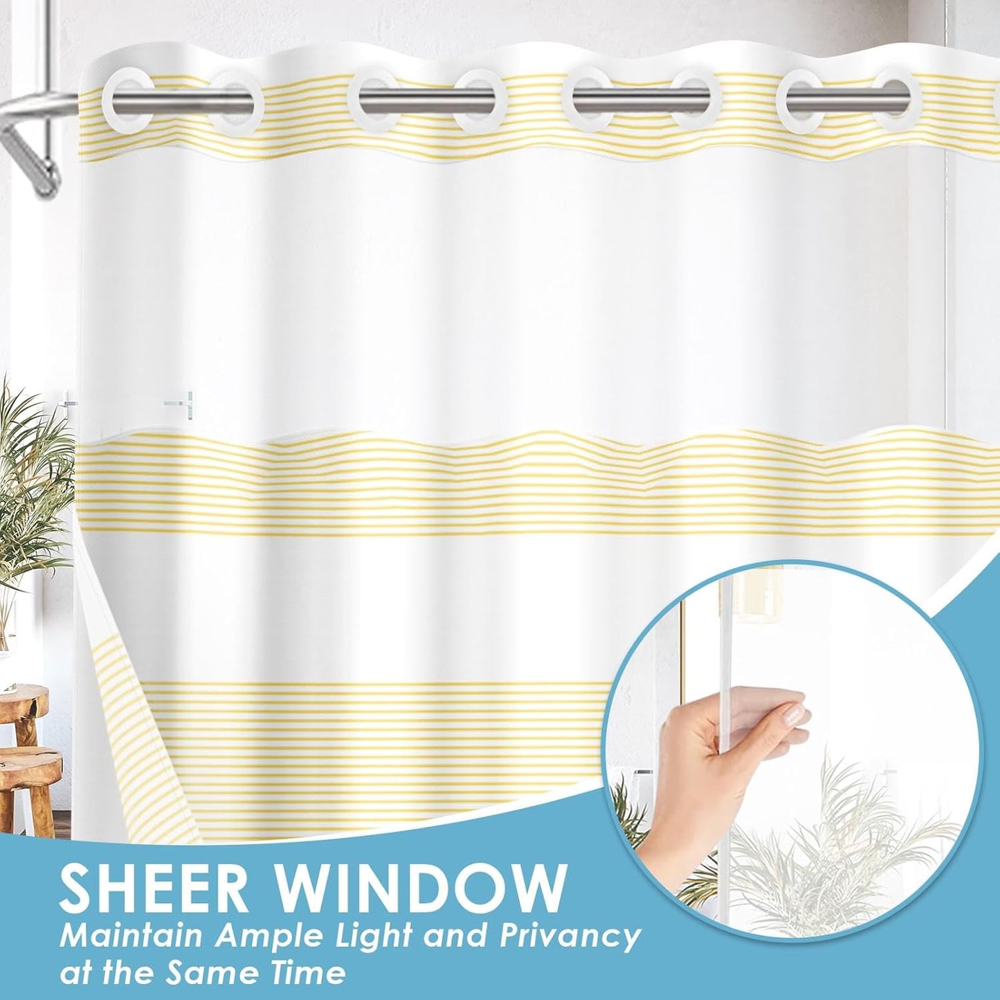 No Hook Yellow Shower Curtain with Snap in Fabric Liner Set, Boho Striped Modern Double Layers Waterproof Fabric with See Through Top Window Open Grommet Bath Curtain 71x74 Inch