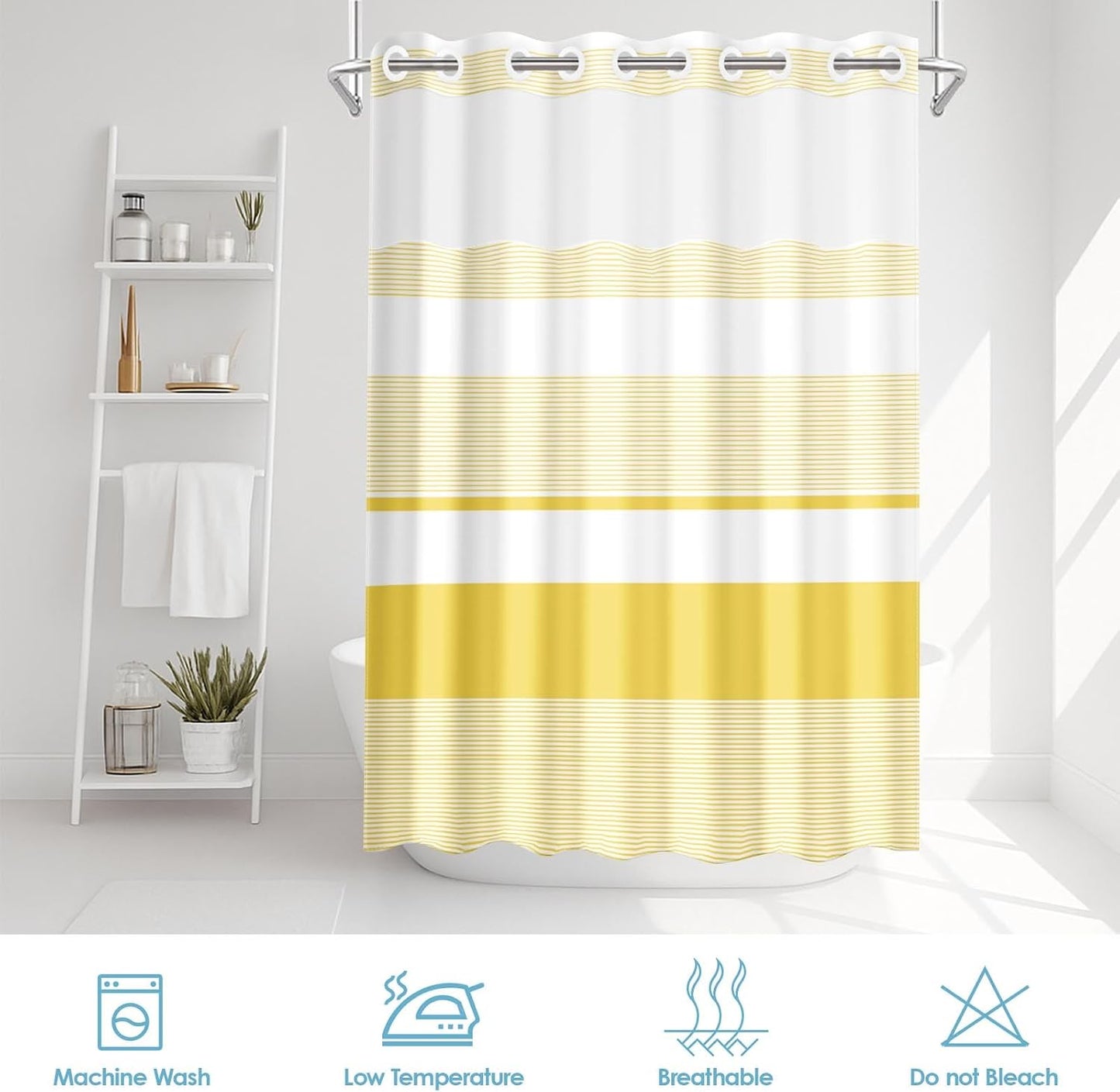 No Hook Yellow Shower Curtain with Snap in Fabric Liner Set, Boho Striped Modern Double Layers Waterproof Fabric with See Through Top Window Open Grommet Bath Curtain 71x74 Inch