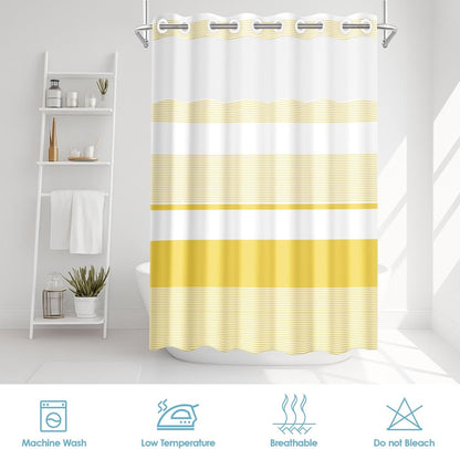 No Hook Yellow Shower Curtain with Snap in Fabric Liner Set, Boho Striped Modern Double Layers Waterproof Fabric with See Through Top Window Open Grommet Bath Curtain 71x74 Inch