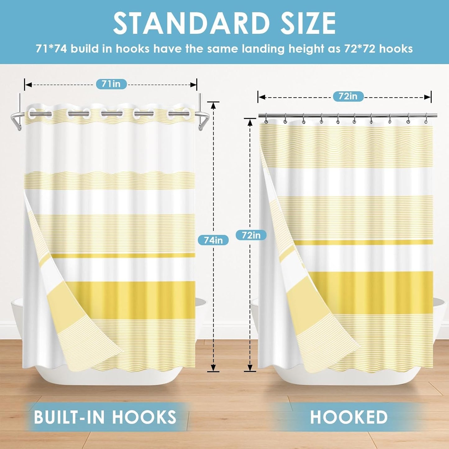 No Hook Yellow Shower Curtain with Snap in Fabric Liner Set, Boho Striped Modern Double Layers Waterproof Fabric with See Through Top Window Open Grommet Bath Curtain 71x74 Inch