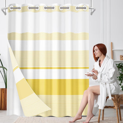 No Hook Yellow Shower Curtain with Snap in Fabric Liner Set, Boho Striped Modern Double Layers Waterproof Fabric with See Through Top Window Open Grommet Bath Curtain 71x74 Inch