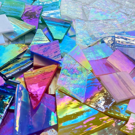 2.2lb Iridescent Stained Glass Sheets, Irregular Mosaic Glass Pieces, Broken Stained Glass Scraps for Mosaic Making and Home Decor, Assorted Iridizing Colors and Shapes