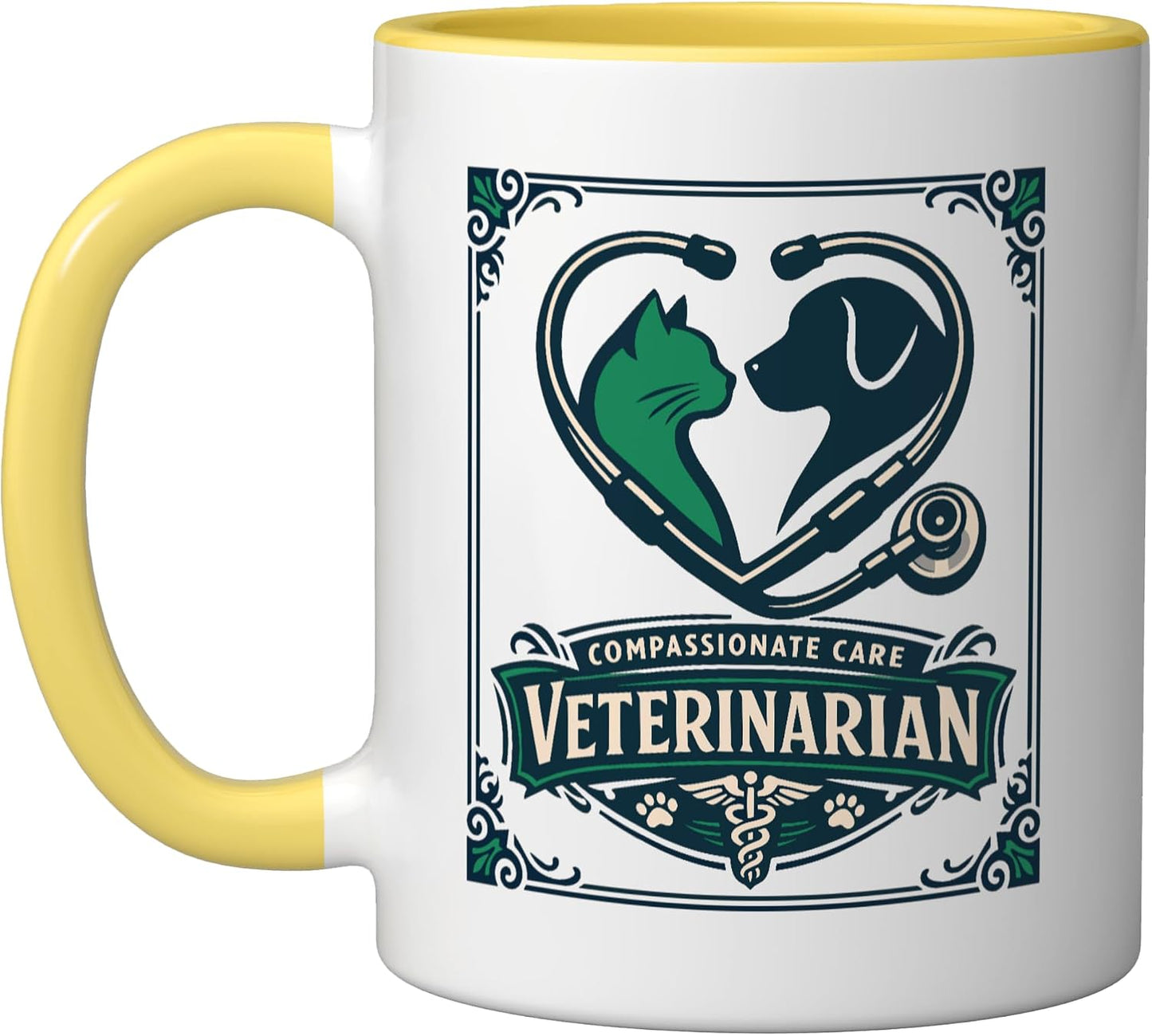 Veterinarian Pet Vet Doctor Animal Care Stethoscope Caduceus Ceramic Mug, Yellow/White