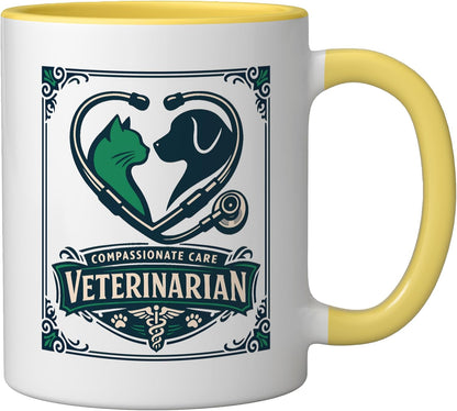Veterinarian Pet Vet Doctor Animal Care Stethoscope Caduceus Ceramic Mug, Yellow/White