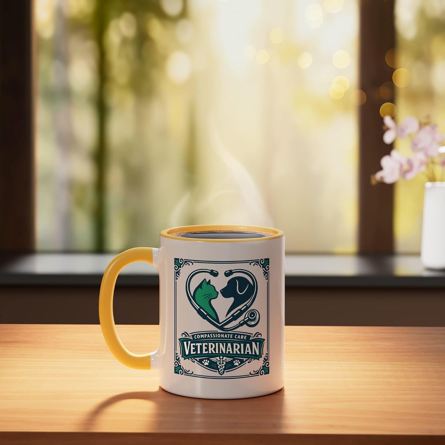Veterinarian Pet Vet Doctor Animal Care Stethoscope Caduceus Ceramic Mug, Yellow/White