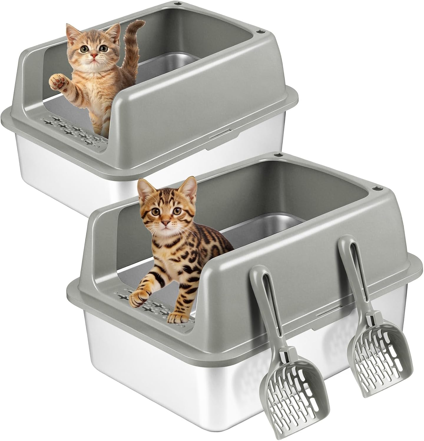 2 Pack Medium Semi-Enclosed Stainless Steel Cat Litter Box with Lid | Scoop Included, Sturdy Metal Box, Anti-Leakage, Odor Free, Easy to Clean, For Cats Kittens & Bunnies, Multi-Cat Friendly