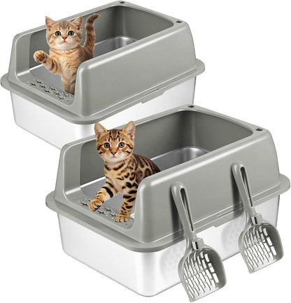 2 Pack Medium Semi-Enclosed Stainless Steel Cat Litter Box with Lid | Scoop Included, Sturdy Metal Box, Anti-Leakage, Odor Free, Easy to Clean, For Cats Kittens & Bunnies, Multi-Cat Friendly