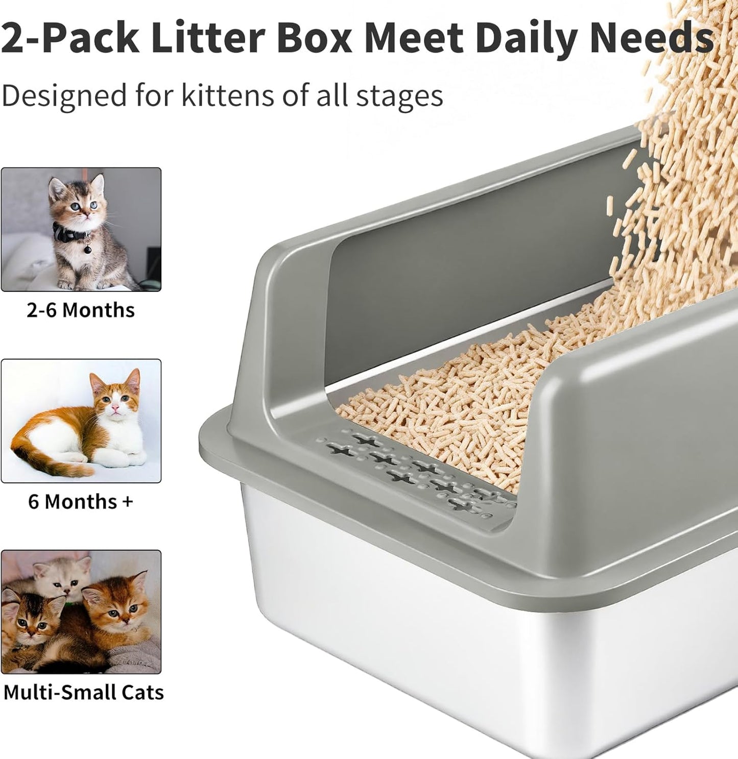 2 Pack Medium Semi-Enclosed Stainless Steel Cat Litter Box with Lid | Scoop Included, Sturdy Metal Box, Anti-Leakage, Odor Free, Easy to Clean, For Cats Kittens & Bunnies, Multi-Cat Friendly