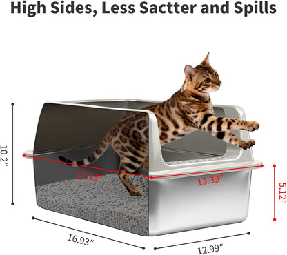2 Pack Medium Semi-Enclosed Stainless Steel Cat Litter Box with Lid | Scoop Included, Sturdy Metal Box, Anti-Leakage, Odor Free, Easy to Clean, For Cats Kittens & Bunnies, Multi-Cat Friendly