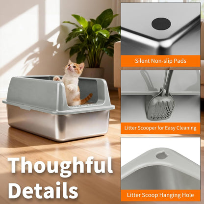 2 Pack Medium Semi-Enclosed Stainless Steel Cat Litter Box with Lid | Scoop Included, Sturdy Metal Box, Anti-Leakage, Odor Free, Easy to Clean, For Cats Kittens & Bunnies, Multi-Cat Friendly