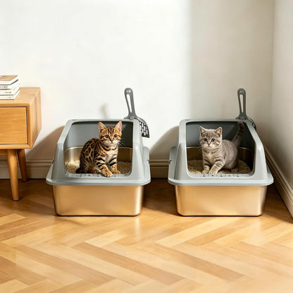 2 Pack Medium Semi-Enclosed Stainless Steel Cat Litter Box with Lid | Scoop Included, Sturdy Metal Box, Anti-Leakage, Odor Free, Easy to Clean, For Cats Kittens & Bunnies, Multi-Cat Friendly