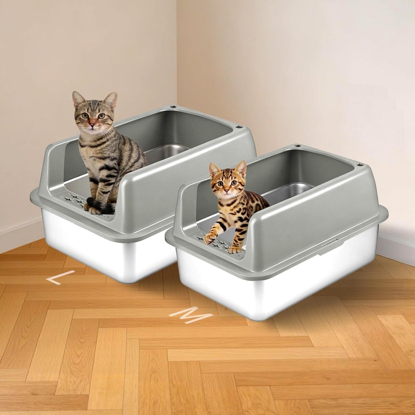 2 Pack Medium Semi-Enclosed Stainless Steel Cat Litter Box with Lid | Scoop Included, Sturdy Metal Box, Anti-Leakage, Odor Free, Easy to Clean, For Cats Kittens & Bunnies, Multi-Cat Friendly