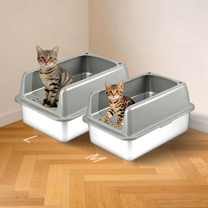 2 Pack Medium Semi-Enclosed Stainless Steel Cat Litter Box with Lid | Scoop Included, Sturdy Metal Box, Anti-Leakage, Odor Free, Easy to Clean, For Cats Kittens & Bunnies, Multi-Cat Friendly