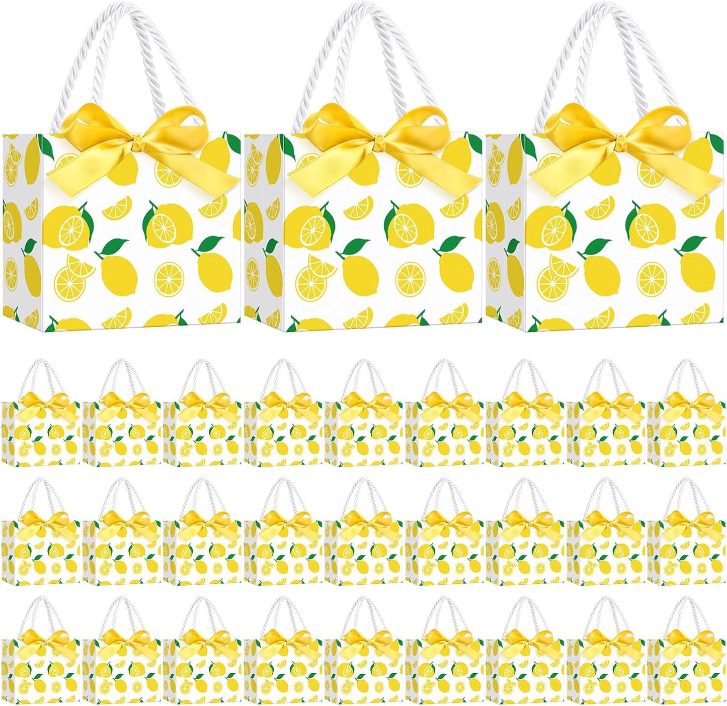 30 Pcs Yellow Lemon Gift Bags Bulk 5.5 x 4.7 x 2.5 in Mini Summer Fruit Favor Bags with Handles Bow Ribbon Wrap for Lemon Birthday Bridal Shower Wedding Party Supplies Family Holiday Travel