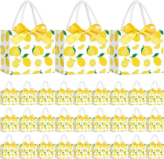 30 Pcs Yellow Lemon Gift Bags Bulk 5.5 x 4.7 x 2.5 in Mini Summer Fruit Favor Bags with Handles Bow Ribbon Wrap for Lemon Birthday Bridal Shower Wedding Party Supplies Family Holiday Travel