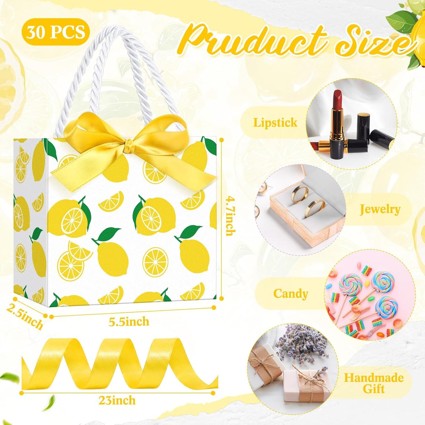 30 Pcs Yellow Lemon Gift Bags Bulk 5.5 x 4.7 x 2.5 in Mini Summer Fruit Favor Bags with Handles Bow Ribbon Wrap for Lemon Birthday Bridal Shower Wedding Party Supplies Family Holiday Travel