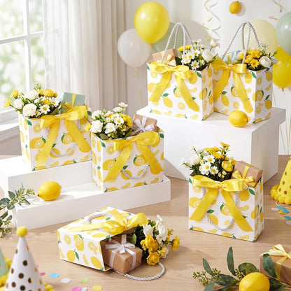 30 Pcs Yellow Lemon Gift Bags Bulk 5.5 x 4.7 x 2.5 in Mini Summer Fruit Favor Bags with Handles Bow Ribbon Wrap for Lemon Birthday Bridal Shower Wedding Party Supplies Family Holiday Travel