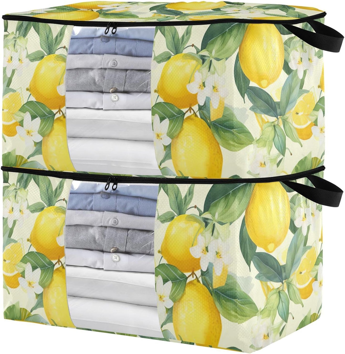 Floral Lemons Flowers Yellow Clothes Storage Bag Bins 2 Pack Foldable Storage Containers Large Closet Organizer with Zipper Storage Cubes for Bed Sheets Comforters Clothing 60L