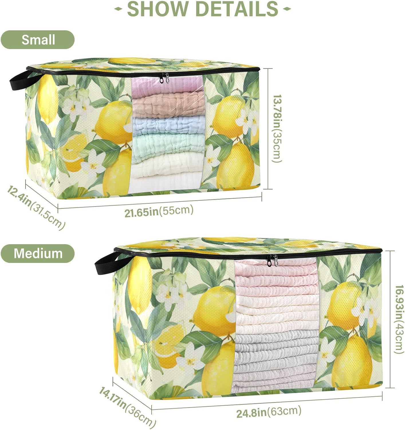 Floral Lemons Flowers Yellow Clothes Storage Bag Bins 2 Pack Foldable Storage Containers Large Closet Organizer with Zipper Storage Cubes for Bed Sheets Comforters Clothing 60L